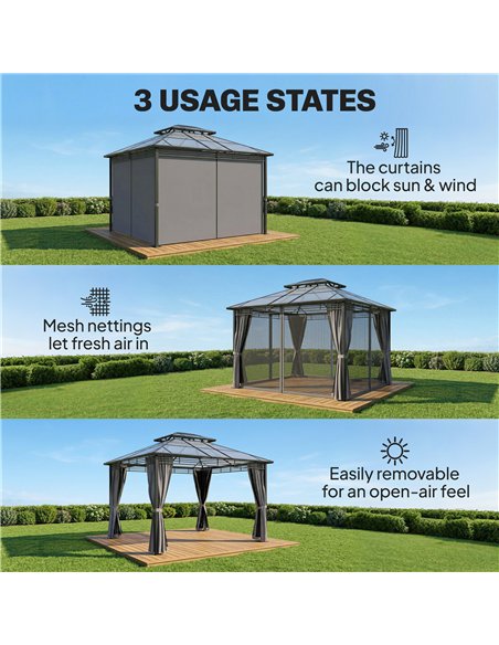 Outsunny 3 x 3.6 m Outdoor Hardtop Gazebo Canopy with 2-Tier Roof, Permanent Pavilion Garden Metal Gazebo with Sides, Dark Grey - pic 185643 | FastDaddyshop