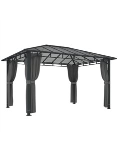 Outsunny 3 x 4 m Outdoor Hardtop Gazebo Canopy with PC Roof, Aluminium Permanent Pavilion Garden Gazebo with Curtains, Dark Grey
