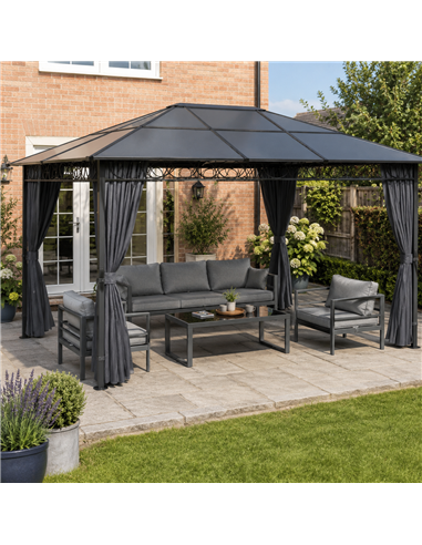 Outsunny 3 x 4 m Outdoor Hardtop Gazebo Canopy with PC Roof, Aluminium Permanent Pavilion Garden Gazebo with Curtains, Dark Grey