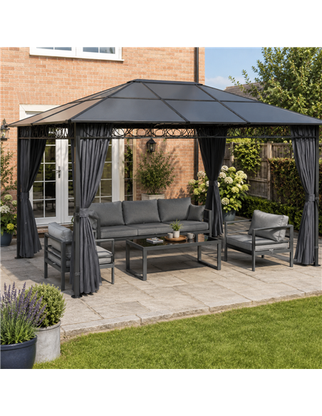 Outsunny 3 x 4 m Outdoor Hardtop Gazebo Canopy with PC Roof, Aluminium Permanent Pavilion Garden Gazebo with Curtains, Dark Grey - pic 185658 | FastDaddyshop