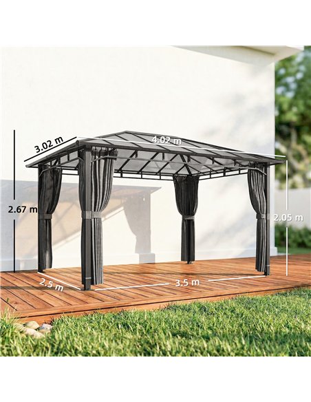 Outsunny 3 x 4 m Outdoor Hardtop Gazebo Canopy with PC Roof, Aluminium Permanent Pavilion Garden Gazebo with Curtains, Dark Grey - pic 185659 | FastDaddyshop