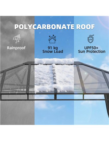 Outsunny 3 x 4 m Outdoor Hardtop Gazebo Canopy with PC Roof, Aluminium Permanent Pavilion Garden Gazebo with Curtains, Dark Grey