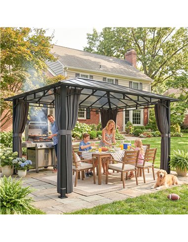 Outsunny 3 x 4 m Outdoor Hardtop Gazebo Canopy with PC Roof, Aluminium Permanent Pavilion Garden Gazebo with Curtains, Dark Grey