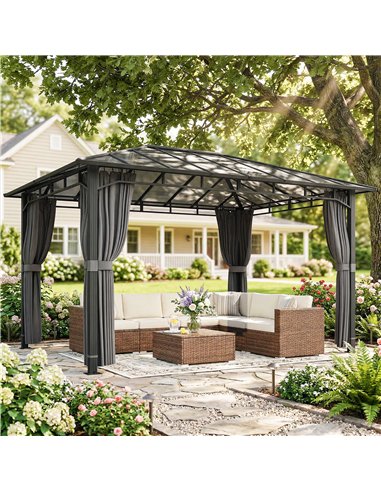 Outsunny 3 x 4 m Outdoor Hardtop Gazebo Canopy with PC Roof, Aluminium Permanent Pavilion Garden Gazebo with Curtains, Dark Grey