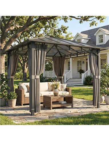 Outsunny 3 x 3 m Outdoor Hardtop Gazebo Canopy with PC Roof, Aluminium Permanent Pavilion Garden Gazebo with Curtains, Tan
