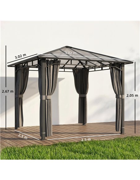 Outsunny 3 x 3 m Outdoor Hardtop Gazebo Canopy with PC Roof, Aluminium Permanent Pavilion Garden Gazebo with Curtains, Tan - pic 185668 | FastDaddyshop