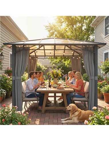 Outsunny 3 x 3 m Outdoor Hardtop Gazebo Canopy with PC Roof, Aluminium Permanent Pavilion Garden Gazebo with Curtains, Tan