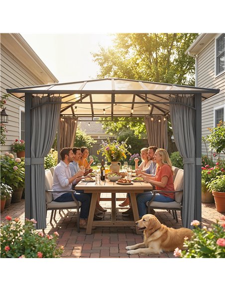 Outsunny 3 x 3 m Outdoor Hardtop Gazebo Canopy with PC Roof, Aluminium Permanent Pavilion Garden Gazebo with Curtains, Tan - pic 185673 | FastDaddyshop