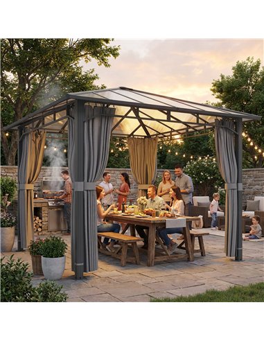 Outsunny 3 x 3 m Outdoor Hardtop Gazebo Canopy with PC Roof, Aluminium Permanent Pavilion Garden Gazebo with Curtains, Tan