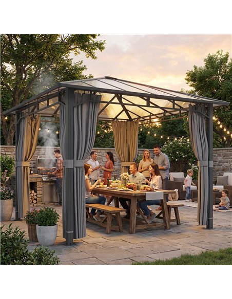 Outsunny 3 x 3 m Outdoor Hardtop Gazebo Canopy with PC Roof, Aluminium Permanent Pavilion Garden Gazebo with Curtains, Tan - pic 185674 | FastDaddyshop