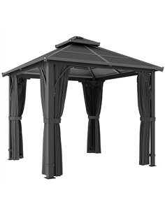 Outsunny 2.5 x 2.5 m Hardtop Gazebo Canopy with 7mm PC Roof, Garden Gazebo Permanent Pavilion with Netting, Curtains, Dark Grey