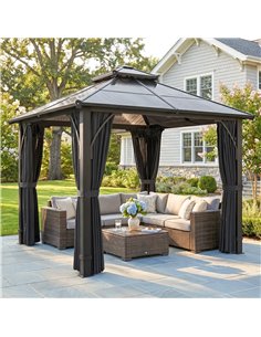 Outsunny 2.5 x 2.5 m Hardtop Gazebo Canopy with 7mm PC Roof, Garden Gazebo Permanent Pavilion with Netting, Curtains, Dark Grey 2