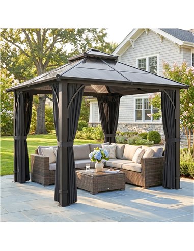 Outsunny 2.5 x 2.5 m Hardtop Gazebo Canopy with 7mm PC Roof, Garden Gazebo Permanent Pavilion with Netting, Curtains, Dark Grey