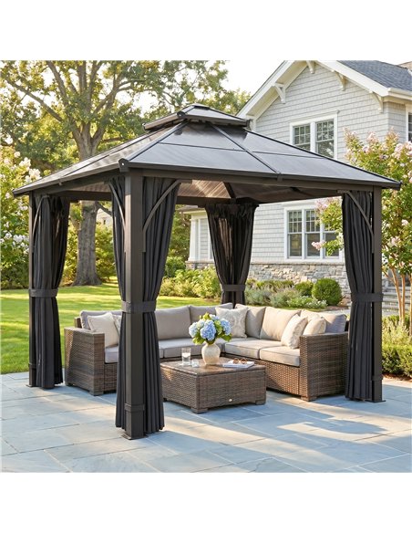 Outsunny 2.5 x 2.5 m Hardtop Gazebo Canopy with 7mm PC Roof, Garden Gazebo Permanent Pavilion with Netting, Curtains, Dark Grey - pic 185676 | FastDaddyshop