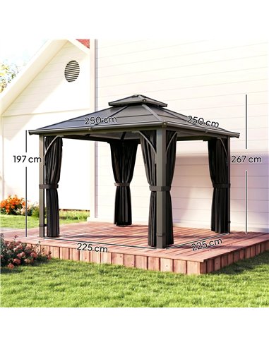 Outsunny 2.5 x 2.5 m Hardtop Gazebo Canopy with 7mm PC Roof, Garden Gazebo Permanent Pavilion with Netting, Curtains, Dark Grey