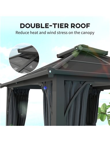 Outsunny 2.5 x 2.5 m Hardtop Gazebo Canopy with 7mm PC Roof, Garden Gazebo Permanent Pavilion with Netting, Curtains, Dark Grey