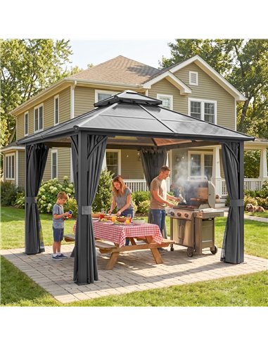 Outsunny 2.5 x 2.5 m Hardtop Gazebo Canopy with 7mm PC Roof, Garden Gazebo Permanent Pavilion with Netting, Curtains, Dark Grey