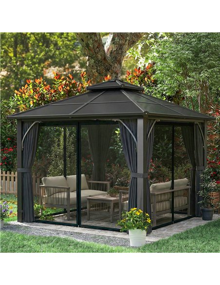 Outsunny 2.5 x 2.5 m Hardtop Gazebo Canopy with 7mm PC Roof, Garden Gazebo Permanent Pavilion with Netting, Curtains, Dark Grey - pic 185683 | FastDaddyshop