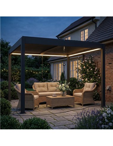 Outsunny 3 x 3 m Louvered Pergola with LED Lights, Metal Louvres, Aluminium Patio Gazebo Pergola, Dark Grey