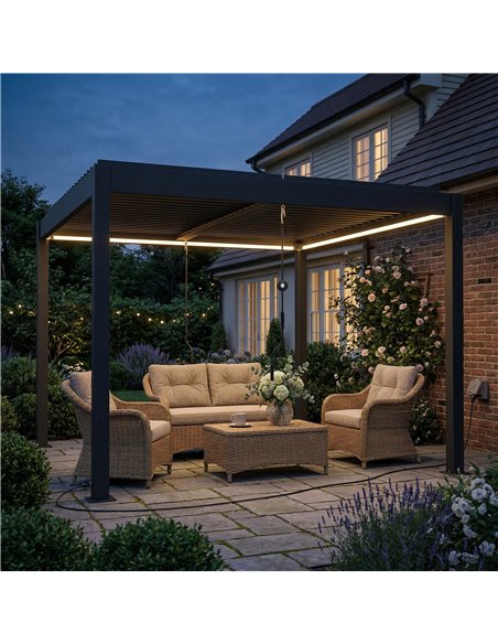 Outsunny 3 x 3 m Louvered Pergola with LED Lights, Metal Louvres, Aluminium Patio Gazebo Pergola, Dark Grey - pic 185703 | FastDaddyshop