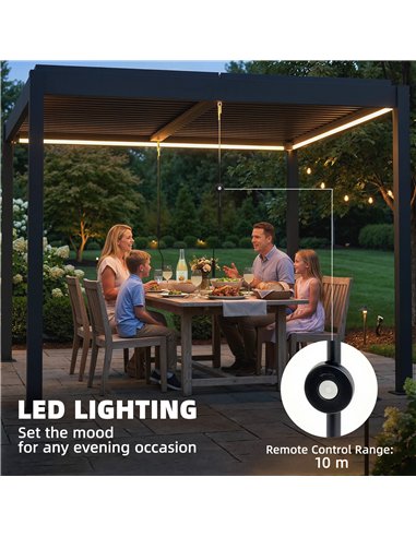 Outsunny 3 x 3 m Louvered Pergola with LED Lights, Metal Louvres, Aluminium Patio Gazebo Pergola, Dark Grey