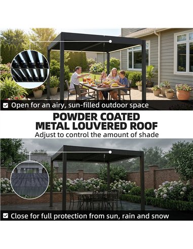 Outsunny 3 x 3 m Louvered Pergola with LED Lights, Metal Louvres, Aluminium Patio Gazebo Pergola, Dark Grey