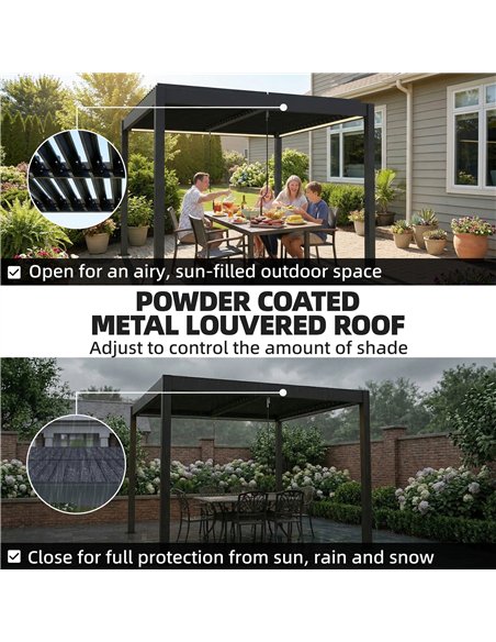 Outsunny 3 x 3 m Louvered Pergola with LED Lights, Metal Louvres, Aluminium Patio Gazebo Pergola, Dark Grey - pic 185707 | FastDaddyshop