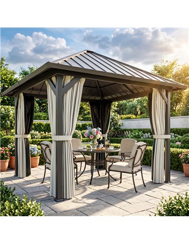 Outsunny 3 x 3(m) Hardtop Gazebo with Galvanised Steel Roof and Water Gutter, Waterproof Permanent Pavilion Garden Gazebo with N