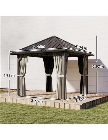 Outsunny 3 x 3(m) Hardtop Gazebo with Galvanised Steel Roof and Water Gutter, Waterproof Permanent Pavilion Garden Gazebo with N