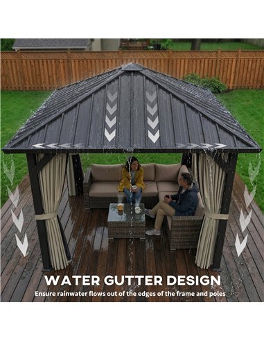 Outsunny 3 x 3(m) Hardtop Gazebo with Galvanised Steel Roof and Water Gutter, Waterproof Permanent Pavilion Garden Gazebo with N