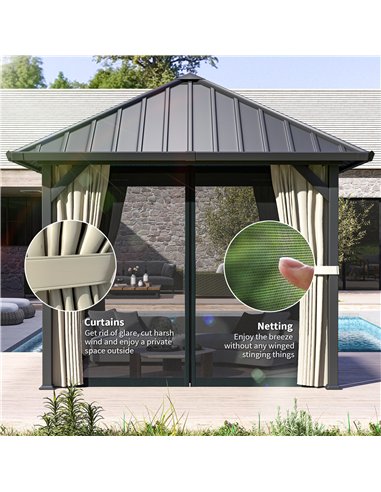 Outsunny 3 x 3(m) Hardtop Gazebo with Galvanised Steel Roof and Water Gutter, Waterproof Permanent Pavilion Garden Gazebo with N