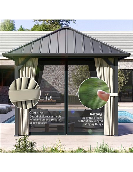 Outsunny 3 x 3(m) Hardtop Gazebo with Galvanised Steel Roof and Water Gutter, Waterproof Permanent Pavilion Garden Gazebo with N - pic 185717 | FastDaddyshop