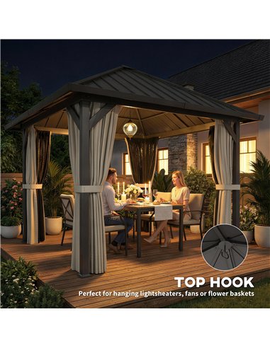 Outsunny 3 x 3(m) Hardtop Gazebo with Galvanised Steel Roof and Water Gutter, Waterproof Permanent Pavilion Garden Gazebo with N