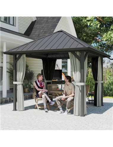 Outsunny 3 x 3(m) Hardtop Gazebo with Galvanised Steel Roof and Water Gutter, Waterproof Permanent Pavilion Garden Gazebo with N