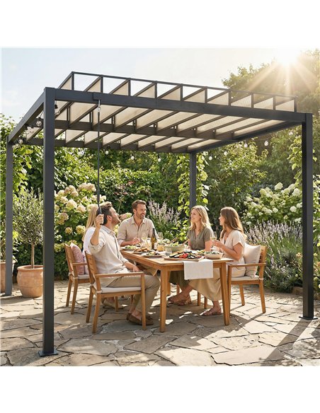 Outsunny 3 x 3 m Louvered Pergola with PC Roof, Aluminium Patio Gazebo Pergola Canopy with Drainage Gutters, Handle, Coffee - pic 185730 | FastDaddyshop
