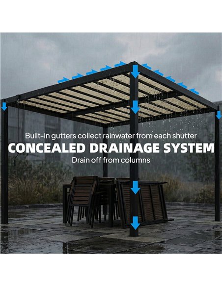 Outsunny 3 x 3 m Louvered Pergola with PC Roof, Aluminium Patio Gazebo Pergola Canopy with Drainage Gutters, Handle, Coffee - pic 185734 | FastDaddyshop