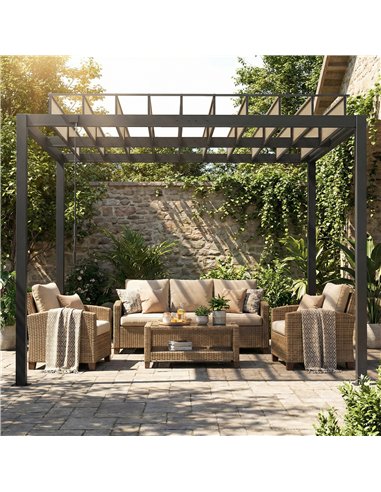 Outsunny 3 x 3 m Louvered Pergola with PC Roof, Aluminium Patio Gazebo Pergola Canopy with Drainage Gutters, Handle, Coffee