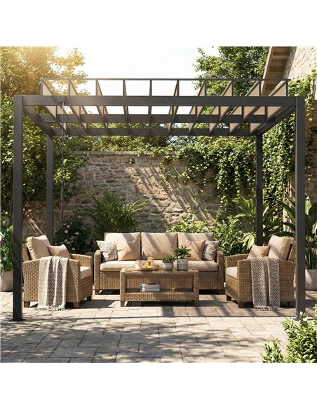 Outsunny 3 x 3 m Louvered Pergola with PC Roof, Aluminium Patio Gazebo Pergola Canopy with Drainage Gutters, Handle, Coffee - pic 185736 | FastDaddyshop