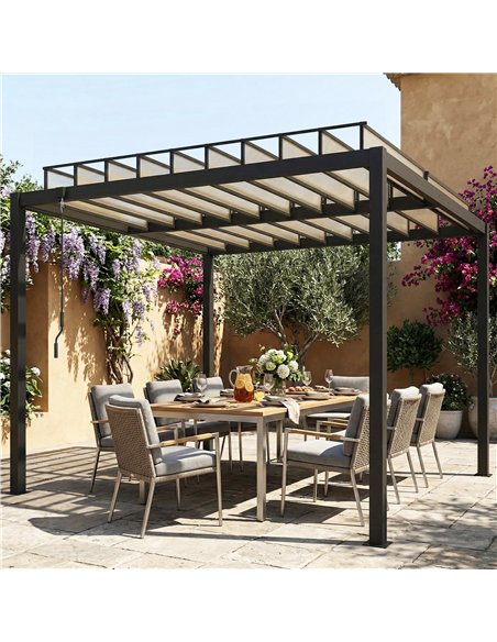 Outsunny 3 x 3 m Louvered Pergola with PC Roof, Aluminium Patio Gazebo Pergola Canopy with Drainage Gutters, Handle, Coffee - pic 185737 | FastDaddyshop