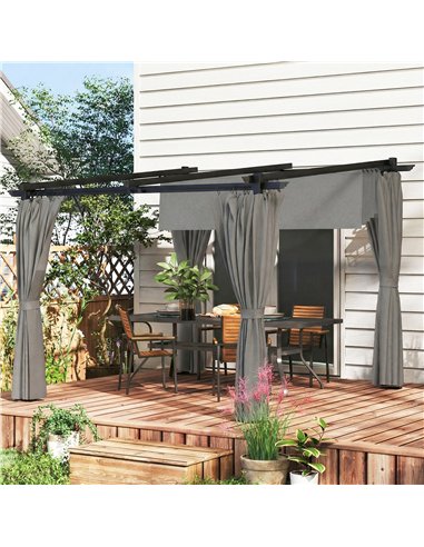 Outsunny 3 x 3 m Retractable Roof Pergola, with Curtains - Light Grey