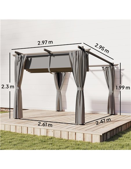 Outsunny 3 x 3 m Retractable Roof Pergola, with Curtains - Light Grey - pic 185740 | FastDaddyshop
