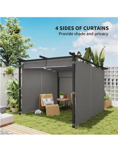 Outsunny 3 x 3 m Retractable Roof Pergola, with Curtains - Light Grey