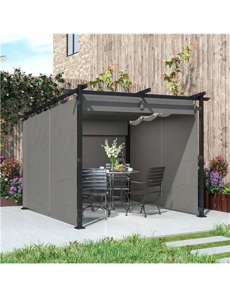 Outsunny 3 x 3 m Retractable Roof Pergola, with Curtains - Light Grey - pic 185746 | FastDaddyshop