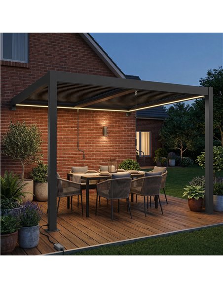 Outsunny 3 x 3 m Louvered Pergola with LED Lights, Metal Louvres, Wall Mounted Aluminium Patio Gazebo Pergola, Dark Grey - pic 185748 | FastDaddyshop