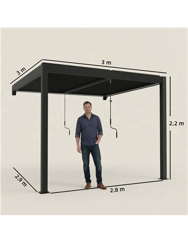 Outsunny 3 x 3 m Louvered Pergola with LED Lights, Metal Louvres, Wall Mounted Aluminium Patio Gazebo Pergola, Dark Grey