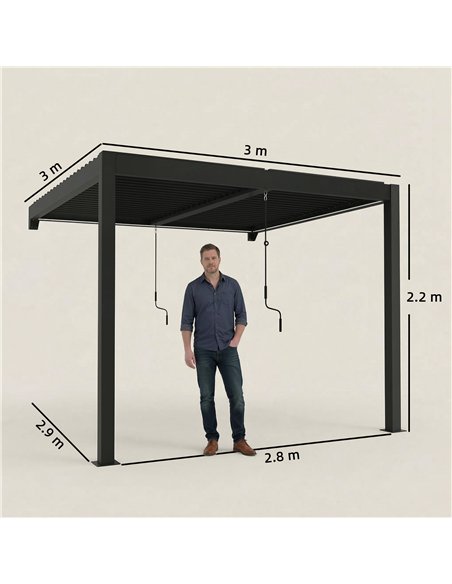 Outsunny 3 x 3 m Louvered Pergola with LED Lights, Metal Louvres, Wall Mounted Aluminium Patio Gazebo Pergola, Dark Grey - pic 185749 | FastDaddyshop