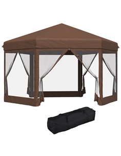 Outsunny 3x3.5m Hexagonal Pop Up Gazebo with Mosquito Netting Zipped Door, Brown