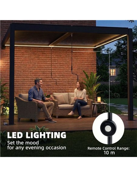Outsunny 3 x 3 m Louvered Pergola with LED Lights, Metal Louvres, Wall Mounted Aluminium Patio Gazebo Pergola, Dark Grey - pic 185750 | FastDaddyshop