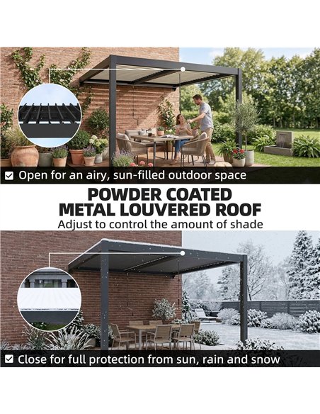 Outsunny 3 x 3 m Louvered Pergola with LED Lights, Metal Louvres, Wall Mounted Aluminium Patio Gazebo Pergola, Dark Grey - pic 185751 | FastDaddyshop