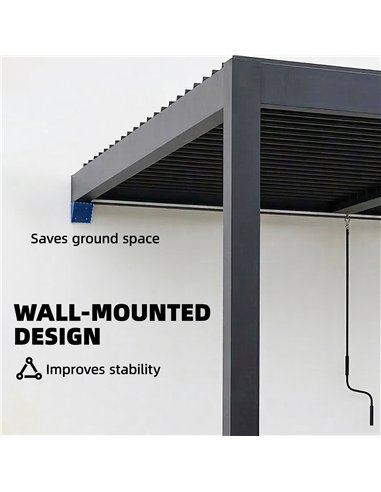 Outsunny 3 x 3 m Louvered Pergola with LED Lights, Metal Louvres, Wall Mounted Aluminium Patio Gazebo Pergola, Dark Grey